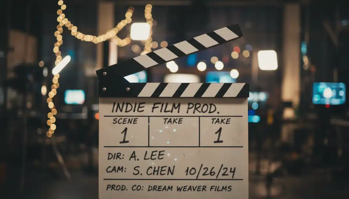 Director's clapperboard on a film set, symbolizing indie filmmaking
