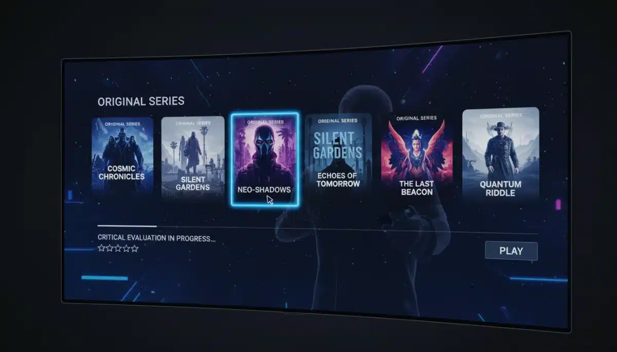 User interface of a streaming service showcasing recent original series for critical evaluation.