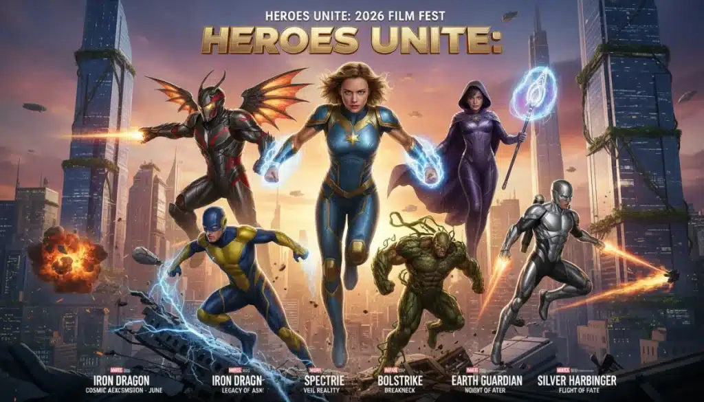 Dynamic montage of 2026 superhero film releases, highlighting diverse character narratives.