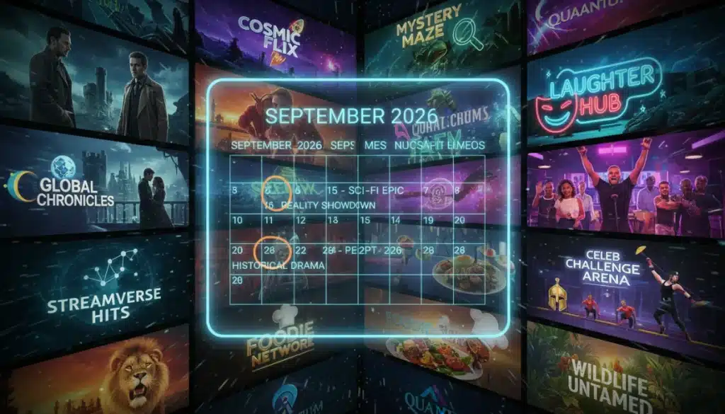 Dynamic visual showcasing the 2026 TV season with network logos and premiere date highlights.