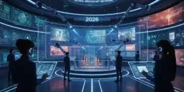 AI-powered TV studio with holographic interfaces and robotic assistants
