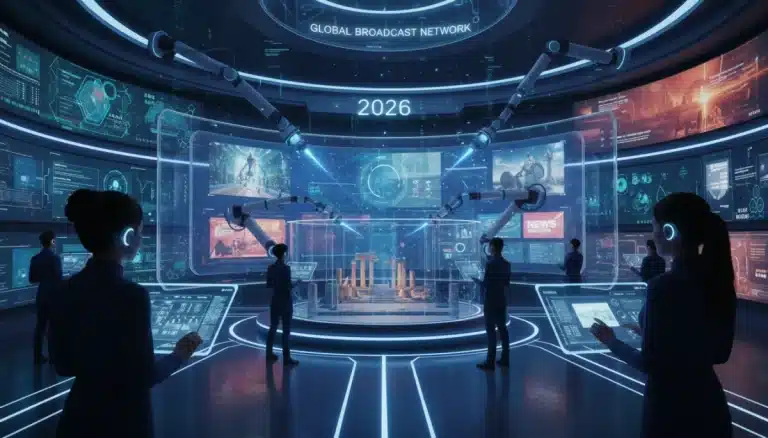 AI-powered TV studio with holographic interfaces and robotic assistants