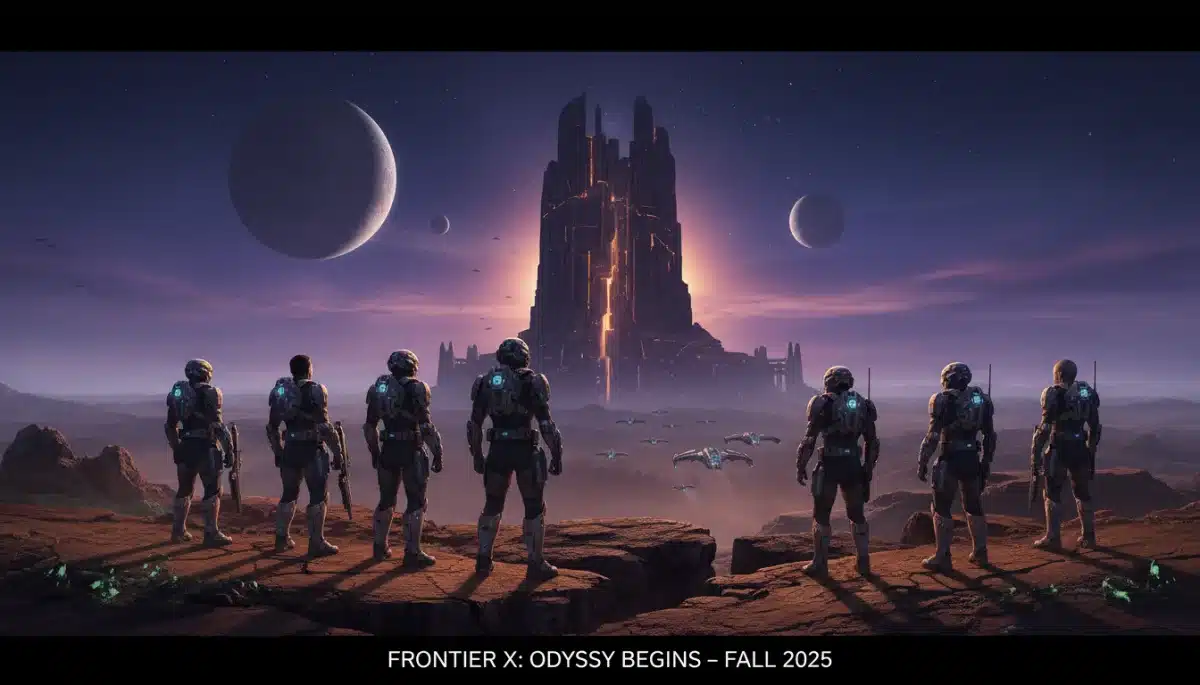 Diverse characters in futuristic gear on an alien planet, exploring an unknown structure