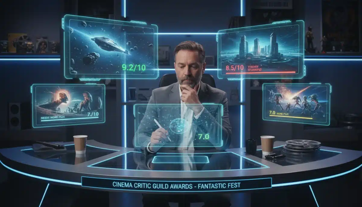 Film critic evaluating sci-fi movie reviews on holographic screens