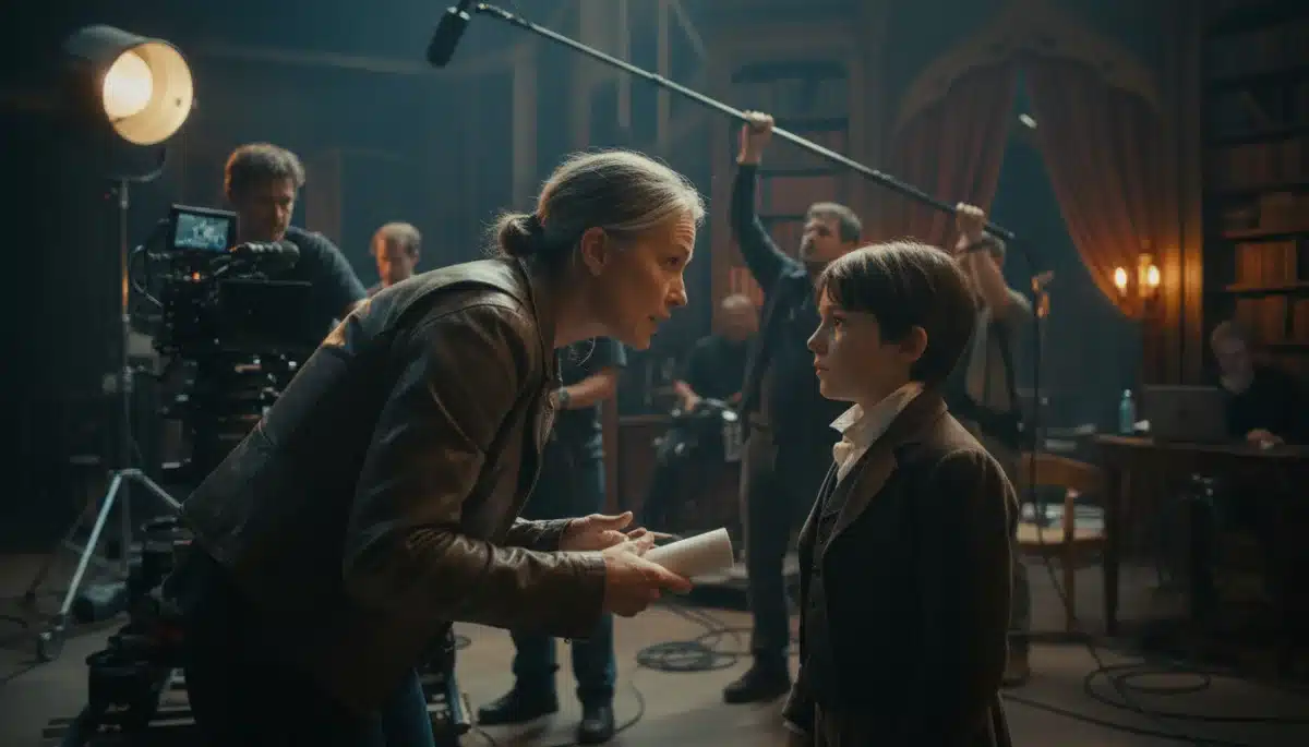 Director guiding a young actor on set for a 2026 film debut