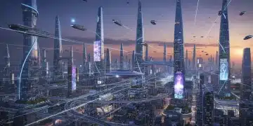 Futuristic cityscape with flying vehicles at dusk, symbolizing 2026 sci-fi series