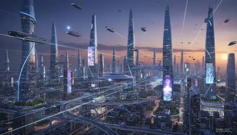 Futuristic cityscape with flying vehicles at dusk, symbolizing 2026 sci-fi series