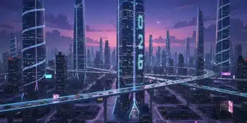 Futuristic cityscape with flying vehicles and neon lights, representing the year 2026