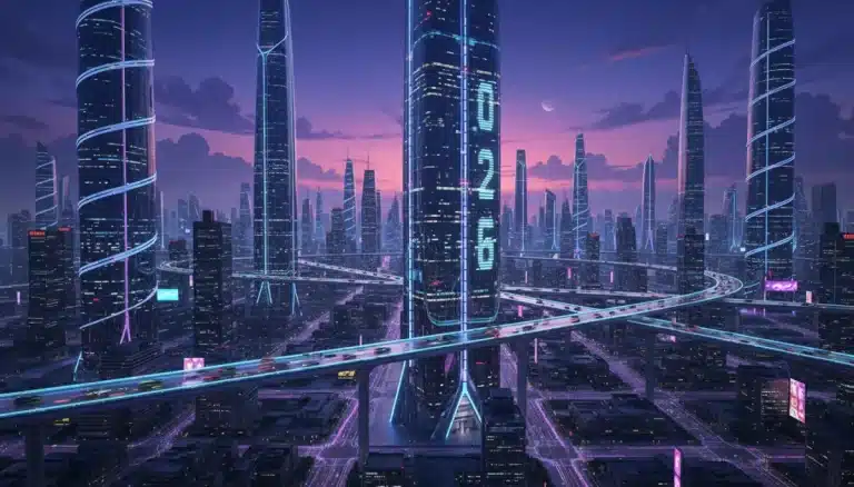 Futuristic cityscape with flying vehicles and neon lights, representing the year 2026
