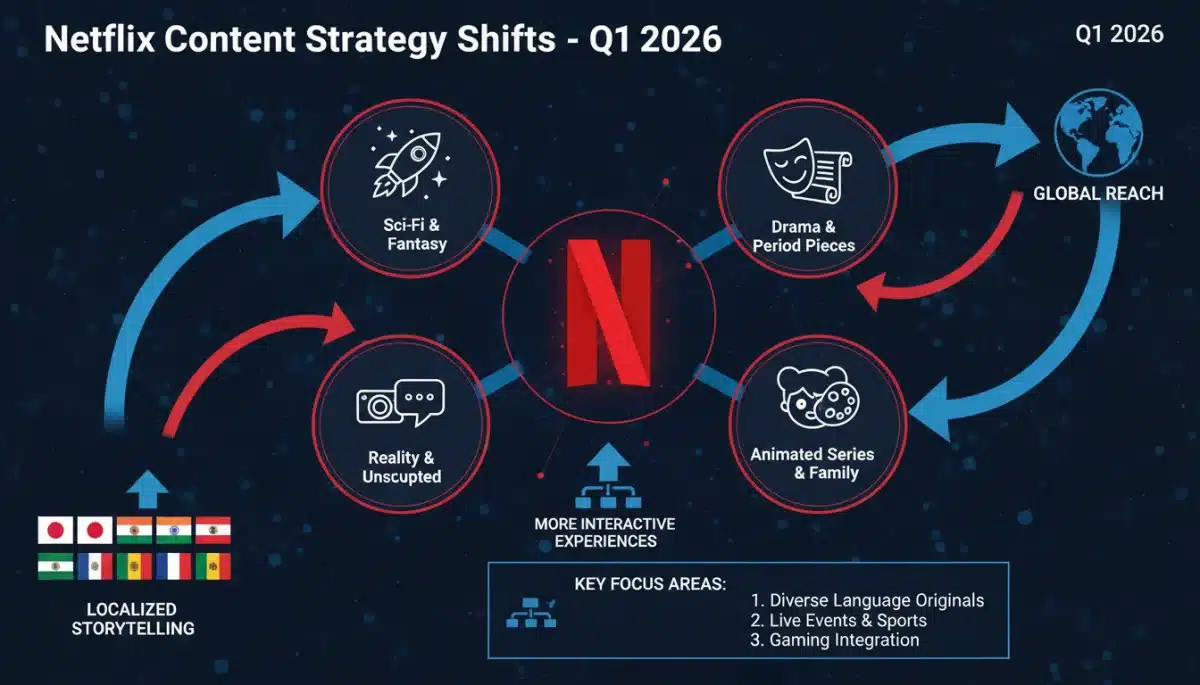 Netflix content strategy Q1 2026, global diverse programming