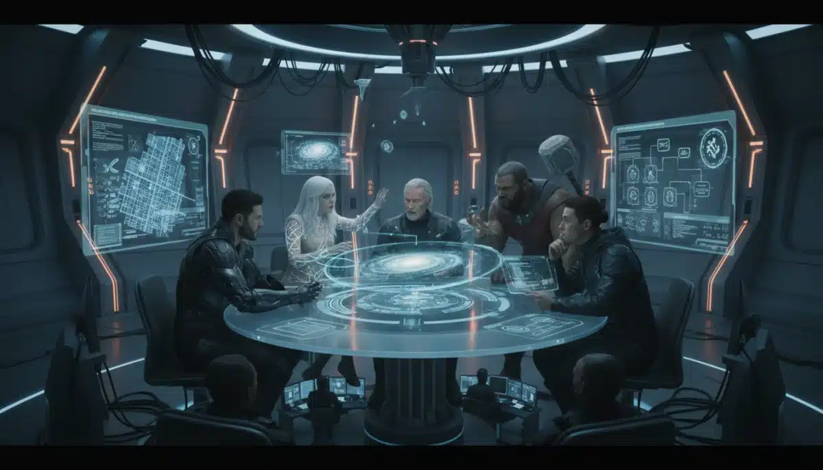 Superhero team strategizing in a futuristic command center, symbolizing intricate plot development.