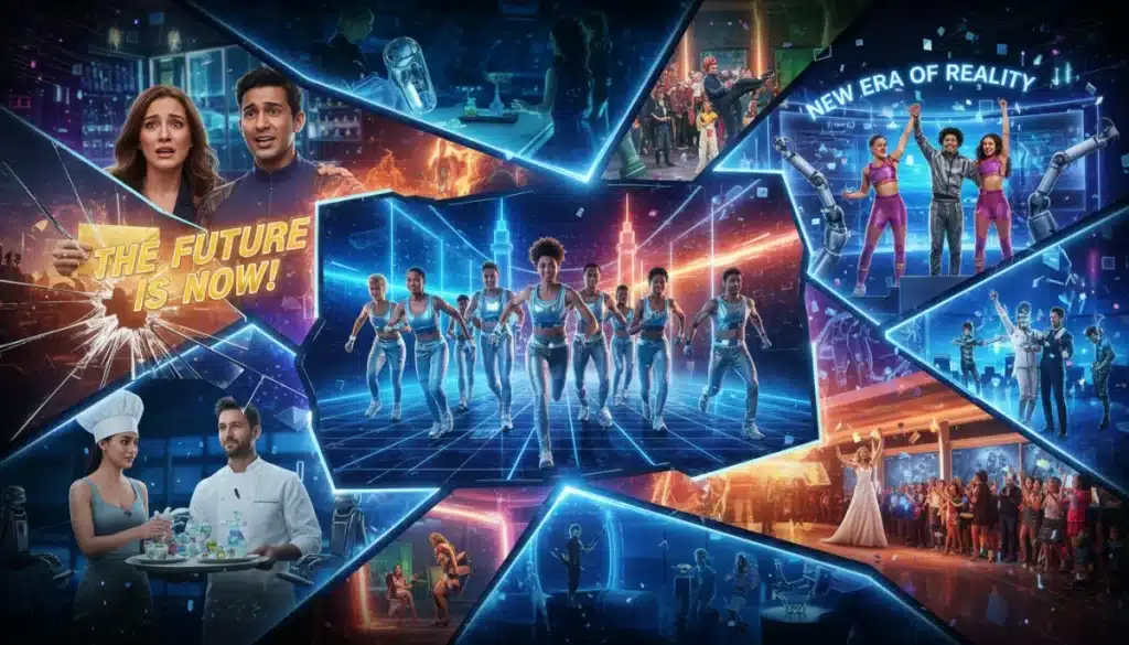 Dynamic collage of new reality TV formats showcasing diverse participants and innovative challenges, set against a futuristic backdrop.