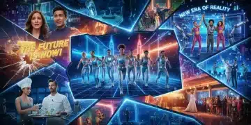Dynamic collage of new reality TV formats showcasing diverse participants and innovative challenges, set against a futuristic backdrop.