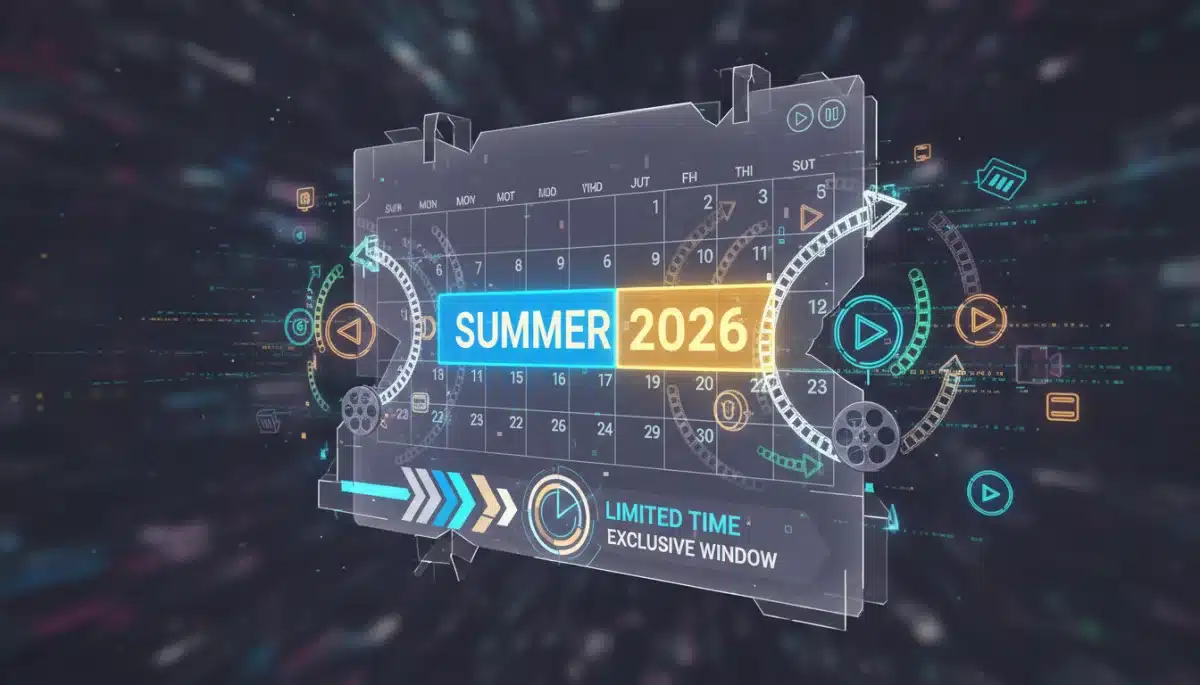 Digital calendar graphic highlighting Summer 2026 with film reels and streaming icons.