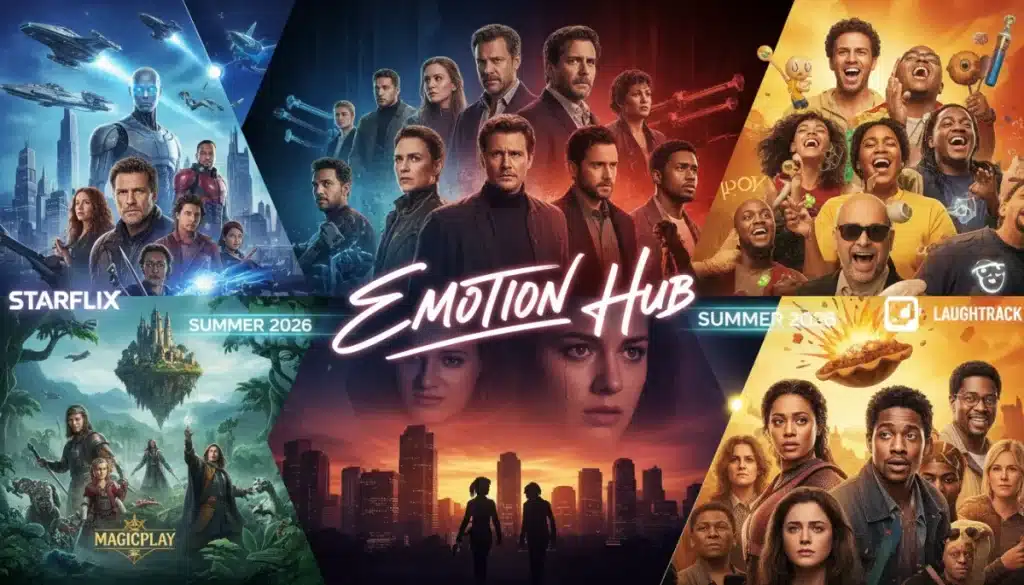 Dynamic collage of diverse movie genres and streaming platform logos for summer 2026 releases.